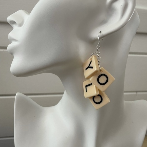 2/$29 Chunky YOLO Letter Tile Earrings 3”Upcycled Limited Unique - Picture 2 of 2